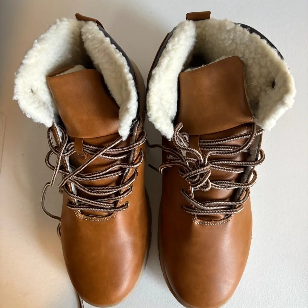 ANEFUN Mens Brown Snow Winter Boots Lace Up Fur‎ Lined Size 11